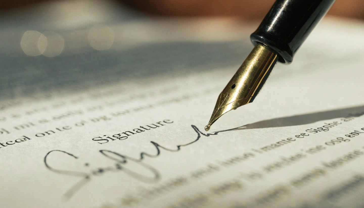 Pluma estilográfica negra firmando un documento sobre papel blanco.